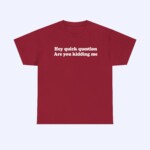 The "Hey Quick Question Are You Kidding Me Shirt" is a maroon tee with white front text, shown on a light gray background—an ideal funny t-shirt for any occasion.
