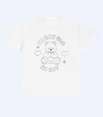 Show your pride in the Thank God I'm Gay Shirtβa white tee with a line drawing of a teddy bear, hearts, and flowers, plus bold "THANK GOD I'M GAY" text above and below the design.
