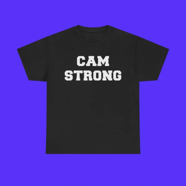 The Brandon Montour Cam Strong Shirt, featuring bold white capital letters on black, is shown against a bright blue background—ideal for fans of Brandon Montour.