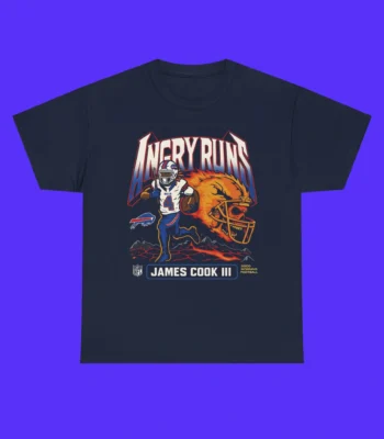 The Angry Runs Bills James Cook III Shirt is a navy blue tee with James Cook III running in uniform, "Angry Runs" text above, a roaring orange buffalo head backdrop, and NFL/team logos below.