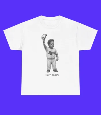 Born Ready Shirt: White tee featuring a black-and-white illustration of a child in an Expos baseball uniform, cap raised, with "Born ready" text printed below on a solid purple background.