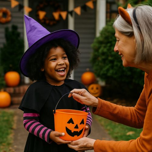 A smiling child in a witch costume holds a pumpkin-shaped bucket while an older woman with cat ears hands out candy. Halloween decorations and pumpkins are visible in the background.