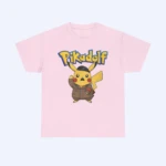 The Pikadolf Shirt is a pink t-shirt with a cartoon character inspired by Greek architecture, perfect for a playful yet classic look.
