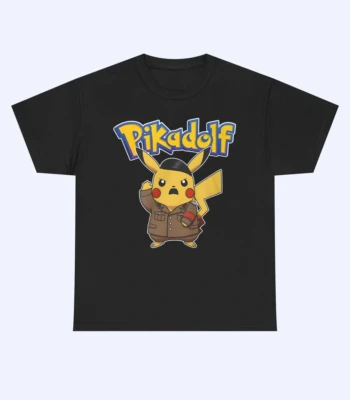 The Pikadolf Shirt is a black t-shirt with a cartoon character inspired by Greek architecture, merging playful design and classical style.