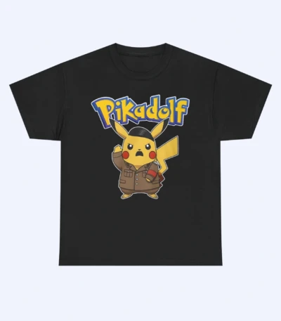 The Pikadolf Shirt is a black t-shirt with a cartoon character inspired by Greek architecture, merging playful design and classical style.