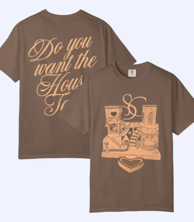 Sabrina Carpenter House Tour Shirt in brown, front features vintage object illustrations and a heart-shaped box with “SC” initials; back showcases large cursive text: “Do you want the House.”.