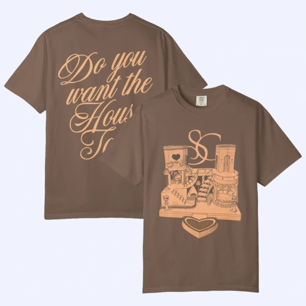 Sabrina Carpenter House Tour Shirt in brown, front features vintage object illustrations and a heart-shaped box with “SC” initials; back showcases large cursive text: “Do you want the House.”.