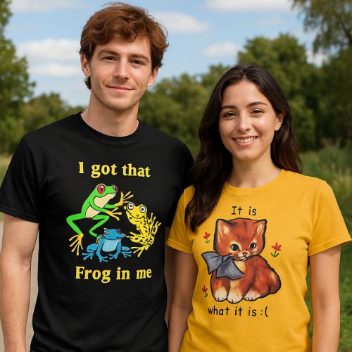 A smiling man and woman stand outdoors. The man wears a black shirt with colorful frogs and the text I got that Frog in me. The woman wears a yellow shirt with a sad kitten and the text It is what it is :(.
