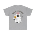 The Boo-Racha Shirt features a gray design with a cartoon ghost wearing a pink bow and holding a beer mug. "Booo-rrraaccha" is printed above, with black bats and a spiderweb in the background.