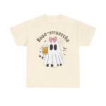 The Boo-Racha Shirt is beige and features a cartoon ghost with a pink bow holding a beer mug, “Booo-rrrraaccha” text, plus two small bats and a spider web in the background.
