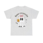 The Boo-Racha Shirt is light gray and features a ghost with a pink bow holding a beer mug, plus bats and a spider web. "Booo-rrrraacha" is printed above.