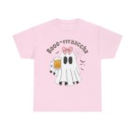 The Boo-Racha Shirt is pink and features a cartoon ghost with a pink bow holding a beer mug, plus bats, a spider web, and the text "Booo-rrraaacha" for a spooky, fun look.