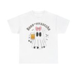The Boo-Racha Shirt showcases a cartoon ghost with a pink bow holding a beer mug, "Booo-rrraaccha" text above, plus bats and a spider web in the background.