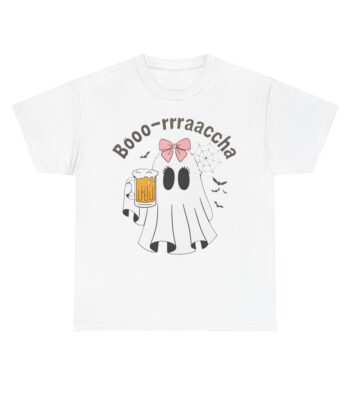 The Boo-Racha Shirt showcases a cartoon ghost with a pink bow holding a beer mug, "Booo-rrraaccha" text above, plus bats and a spider web in the background.