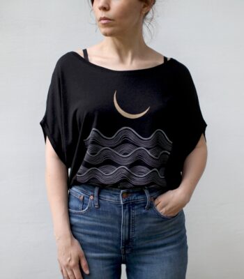 Black Bamboo Dolman Top – Nautical Moon Print Off-Shoulder Tee