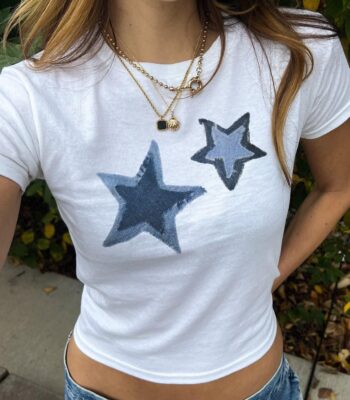 Blue Stars Graphic Baby Tee – Vintage Denim 90s Style Shirt