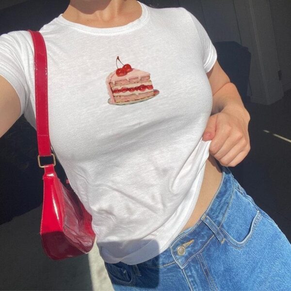 Cake Baby Tee – Cute Cherry Slice Print Vintage 90s Style Shirt