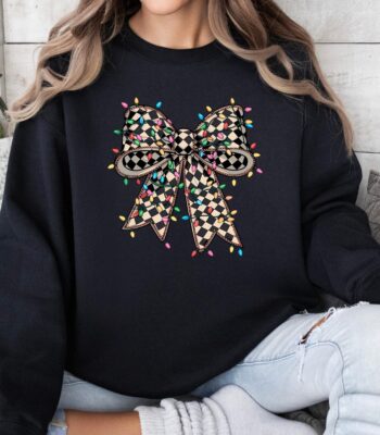 Checkered Coquette Christmas Sweatshirt – Cozy Holiday Gift For Her