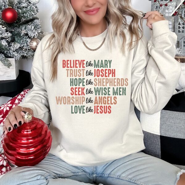 Christian Christmas Sweatshirt – Believe Like Mary Holiday Tee