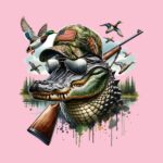 Gator Hunting Graphic T-Shirt – Alligator with Hat & Gun Design