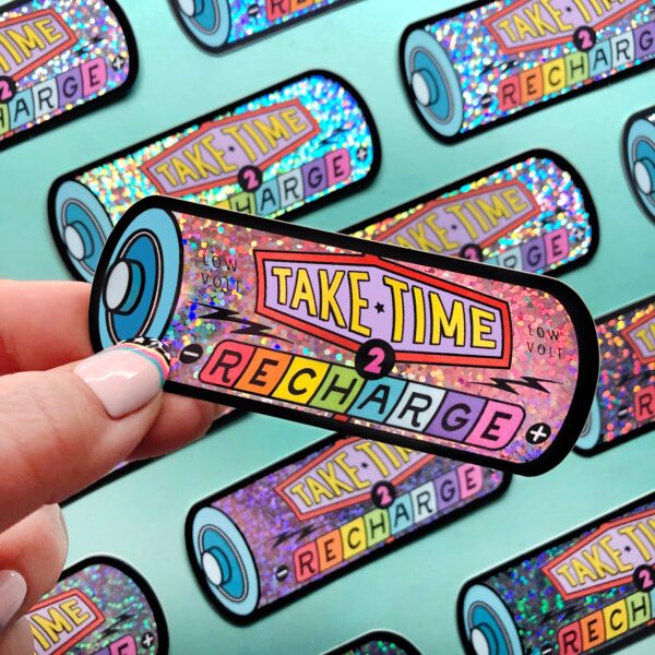 Holographic Glitter Recharge Battery Sticker – Cute Pastel Reminder