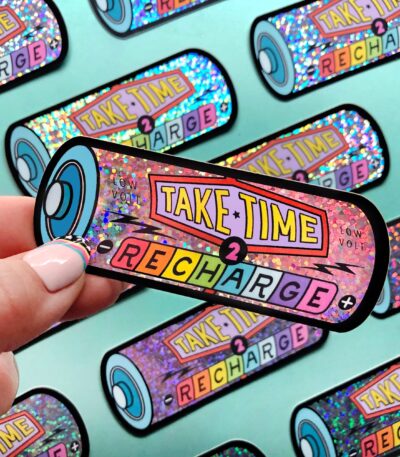 Holographic Glitter Recharge Battery Sticker – Cute Pastel Reminder