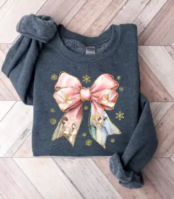 Jesus Christmas Coquette Bow Sweatshirt - Pink Glitter Bow Design