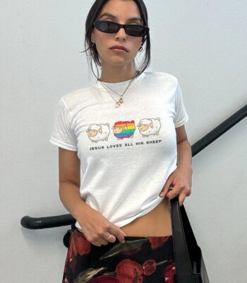 Jesus Loves All His Sheep Tee – Queer Faith Crop Top for Women