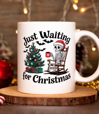 Just Waiting for Christmas Mug – Fun Holiday Skeleton Design