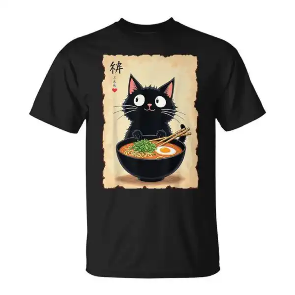 Kawaii Ramen Cat T-Shirt – Cute Black Cat Graphic Tee
