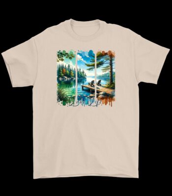 Lake Life Watercolor T-Shirt – Adirondack Chairs on Dock