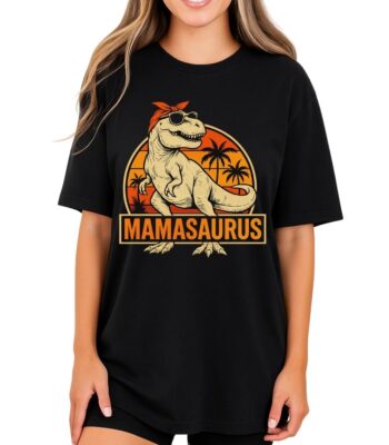 Mamasaurus T-Shirt – Retro Dinosaur Sunset Graphic Tee for Moms