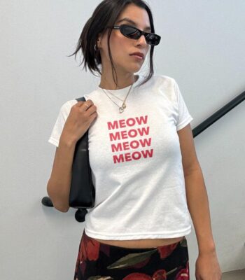 Meow Baby Tee Y2K Aesthetic Cat Shirt – Cute Graphic Top for Women