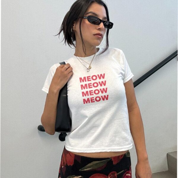 Meow Baby Tee Y2K Aesthetic Cat Shirt – Cute Graphic Top for Women