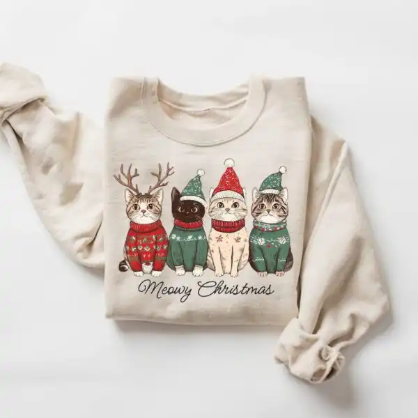 Meowy Christmas Sweatshirt – Cute Cat Lover Holiday Tee