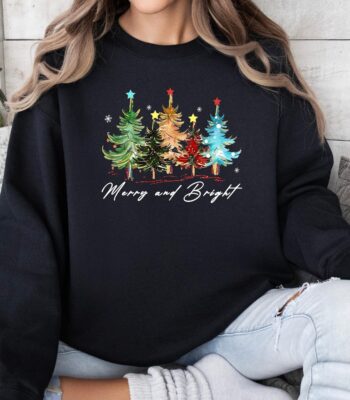 Merry and Bright Trees Sweatshirt - Women's Holiday Hoodie Gift