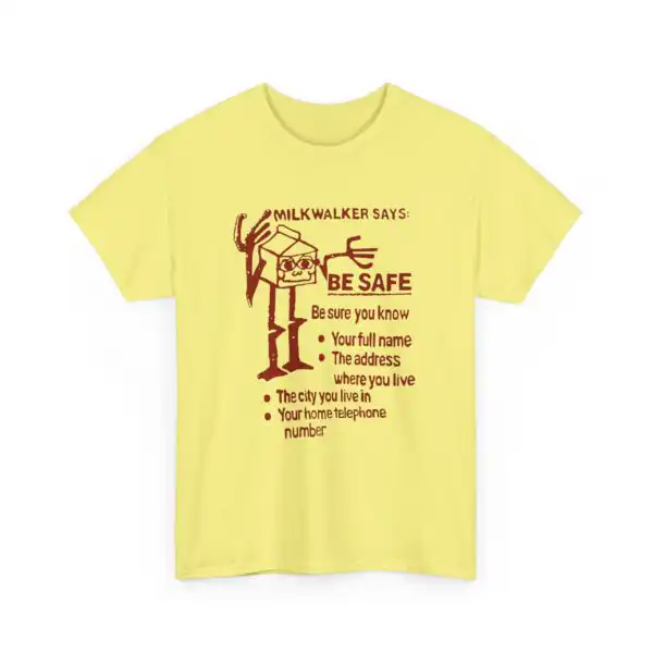 Mid 80s Milk Carton Safety Message Tee – Unique Retro Graphic Shirt
