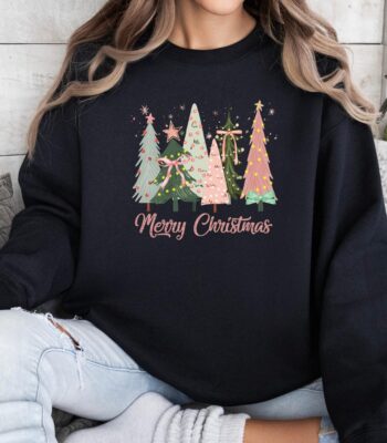 Pink Tree Christmas Sweatshirt - Cute Pink Holiday Hoodie for Women