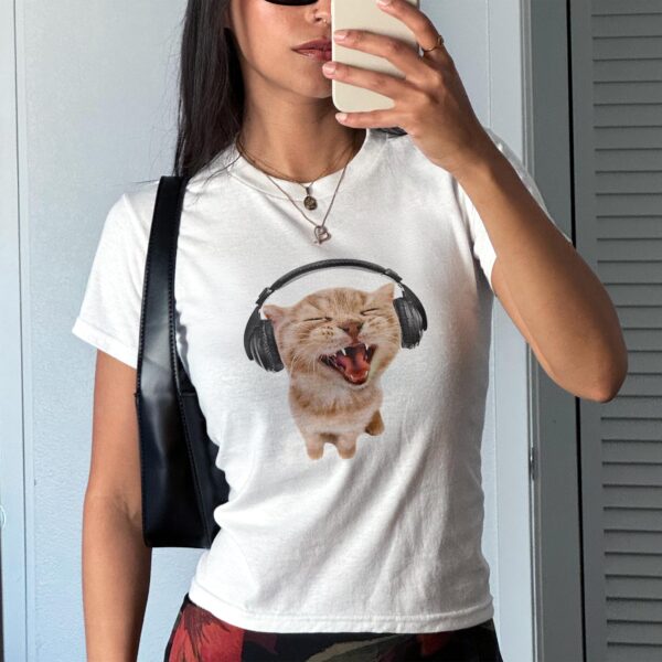 Silly Cat With Headphones Baby Tee – Cute Y2K Graphic Top