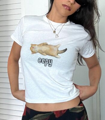 Silly Eepy Cat Meme Baby Tee – Y2K Grunge Graphic Top