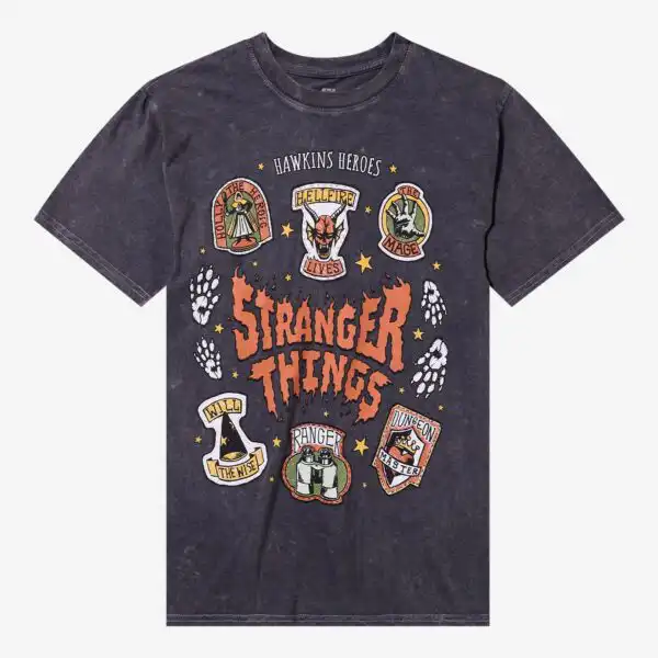 Stranger Things Badge Icons Tee – Dark Wash Graphic Shirt