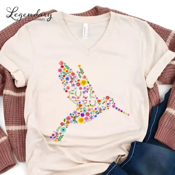 Subtle Anti Trump V-Neck Tee - Floral Hummingbird Feminist Shirt