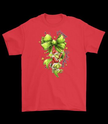 The Grinch Hanging from Bow Tee – Fun Christmas Graphic Shirt