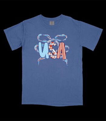 USA Bow July 4th Tee – Floral Stars & Stripes Cotton Shirt