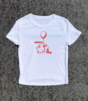 When Pigs Fly Y2K Baby Tee – 3D Puff Graphic Fitted Shirt