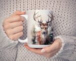 Winter Deer Christmas Mug - Watercolor Reindeer Holiday Cup
