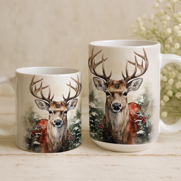 Winter Deer Christmas Mug - Watercolor Reindeer Holiday Cup