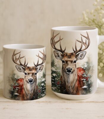 Winter Deer Christmas Mug - Watercolor Reindeer Holiday Cup
