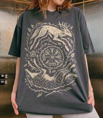 Wolf and Stag Linocut Tee – Norse Forest Graphic Shirt