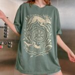 Wolf and Stag Linocut Tee – Norse Forest Graphic Shirt